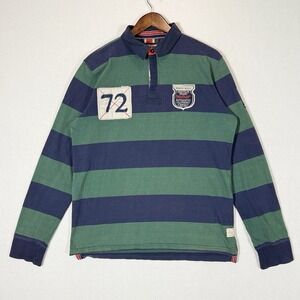 Brave Soul Heritage Rugby Shirt Mens L Green Blue Striped Patch Long Sleeve